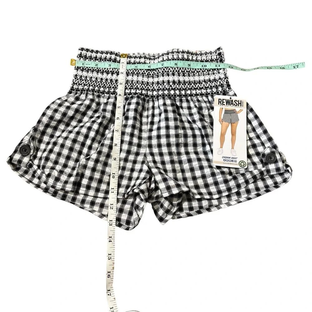 Rewash Brand Womens Gingham Smocked‎ High Waist Shorts Black White Retro Boho XS